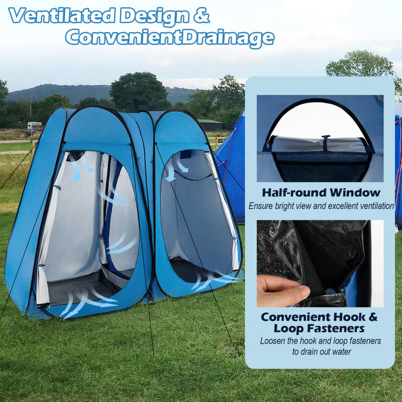 Professional title: ```Large Portable Shower Tent with Window, Floor, and Storage Pocket in Blue```