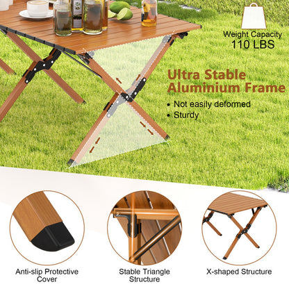 Professional title: "Portable Aluminum Camping Table with Wood Grain Finish"