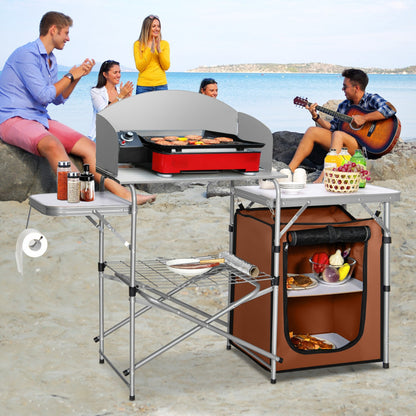 Professional title: "Portable Outdoor Grilling Table with Foldable Design and Windscreen Bag"