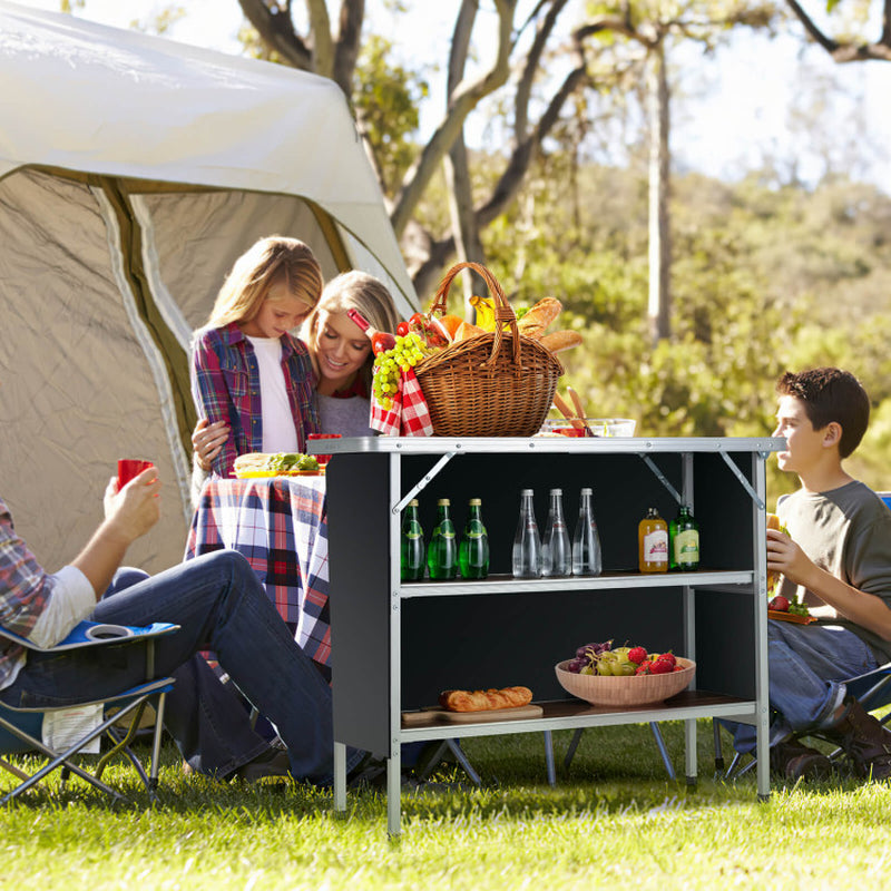 Professional title: "Portable Folding Camping Table with Dual Open Shelves for Outdoor BBQ - Black"