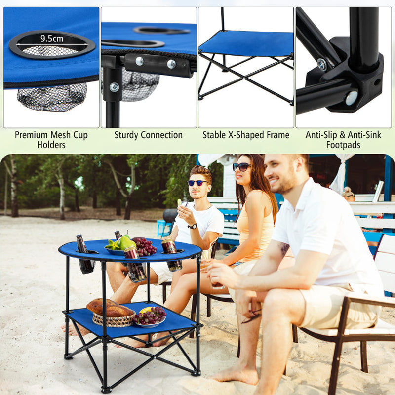 Professional title: "Portable 2-Tier PicNic Table in Blue with Carrying Bag and 4 Cup Holders"