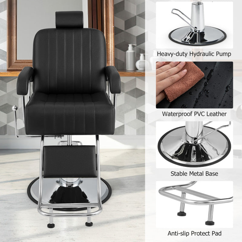 Professional title: "Black Salon Hydraulic Barber Chair with 360-Degree Swivel, Adjustable Headrest, and Reclining Backrest"