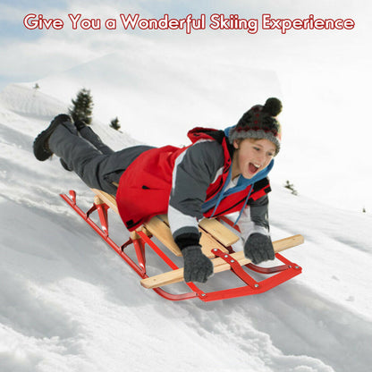 Professional title: "54-Inch Children's Wooden Snow Sled with Metal Runners and Steering Bar"