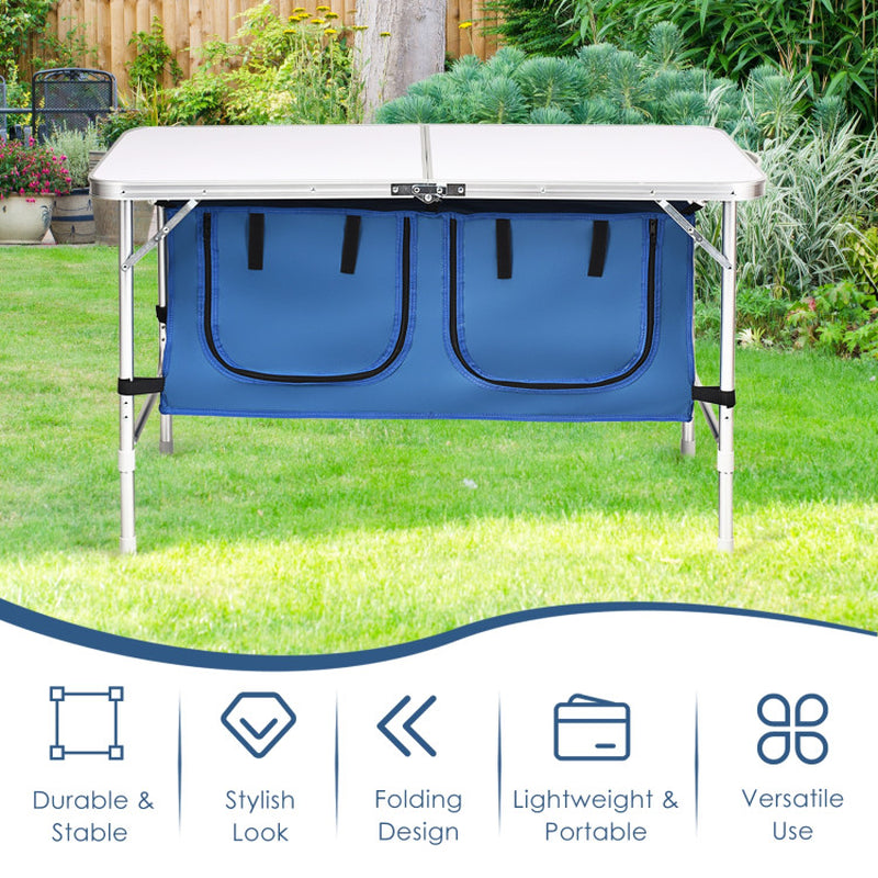 Professional title: ```Blue Height Adjustable Folding Camping Table```