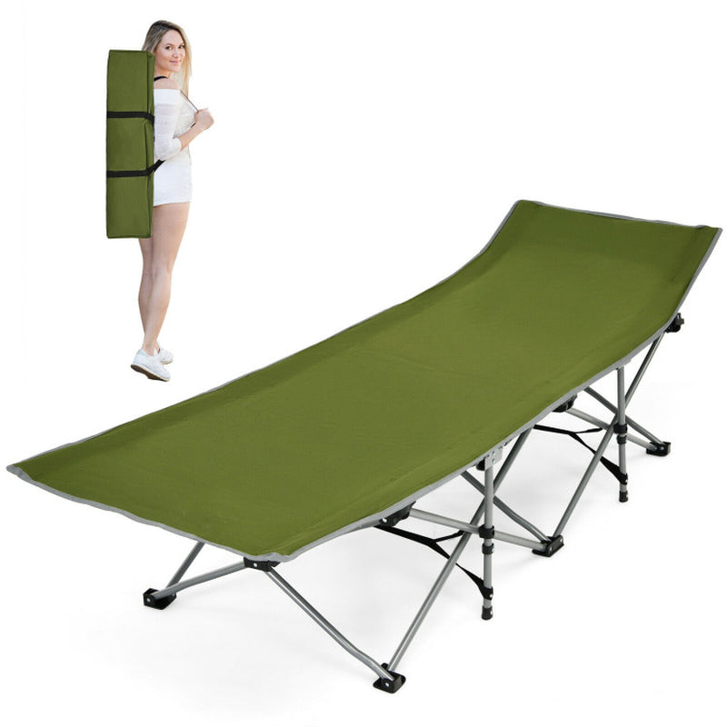 Professional title: ```Green Folding Camping Cot with Side Storage Pocket and Detachable Headrest```