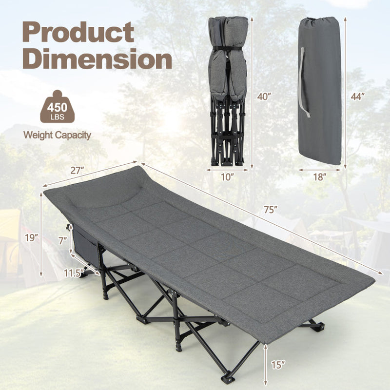 Professional title: "Portable Camping Cot with Carry Bag, Cushion, and Headrest in Gray"