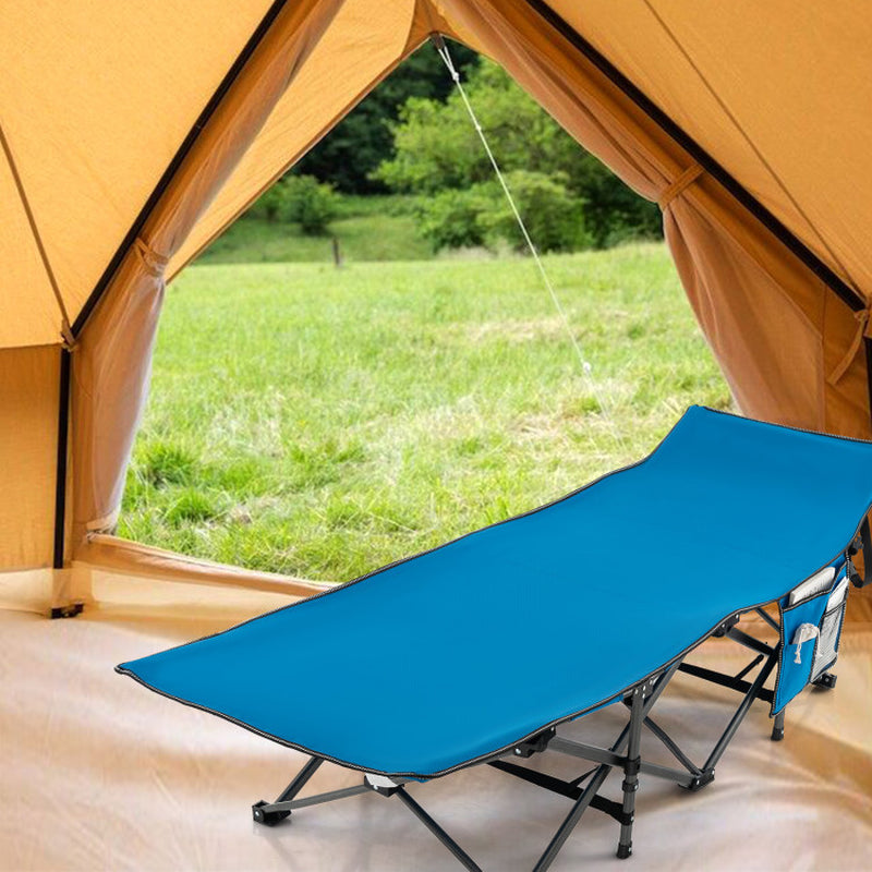 Professional title: "Portable Folding Camping Cot in Blue with Carry Bag"