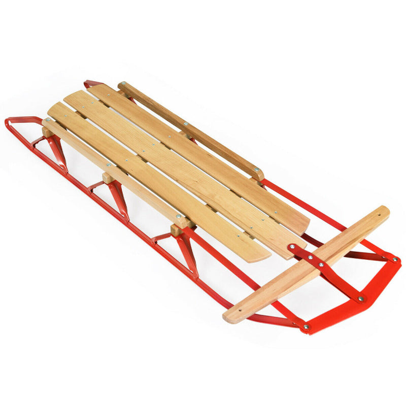 Professional title: "54-Inch Children's Wooden Snow Sled with Metal Runners and Steering Bar"