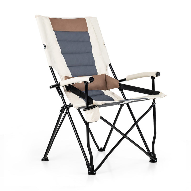 Professional title: ```Portable Camping Chair with Armrest, Cup Holder, and Lumbar Support Pillow```