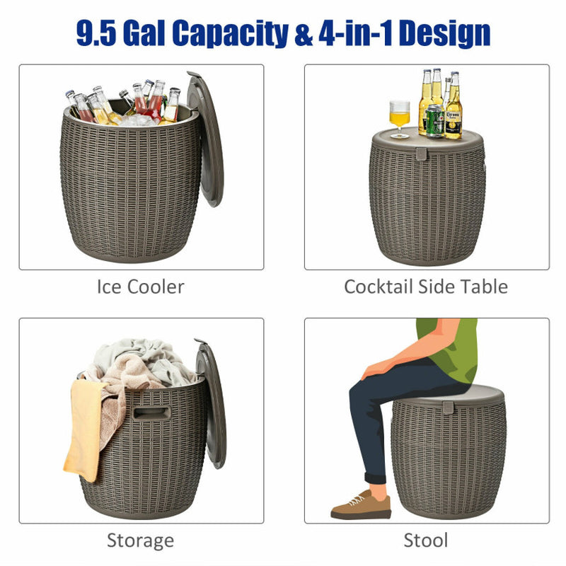 Revised title: "9.5 Gallon 4-In-1 Patio Rattan Cool Bar Cocktail Table Side Table in Brown Finish"