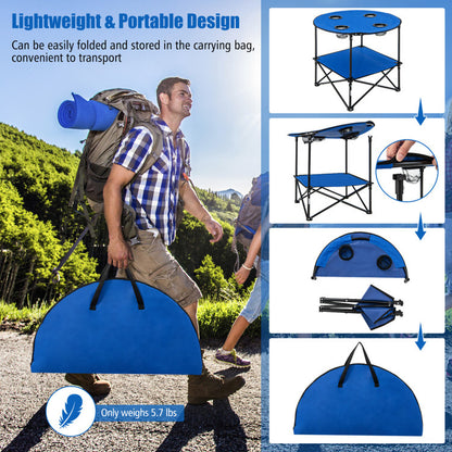 Professional title: "Portable 2-Tier PicNic Table in Blue with Carrying Bag and 4 Cup Holders"