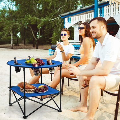 Professional title: "Portable 2-Tier PicNic Table in Blue with Carrying Bag and 4 Cup Holders"