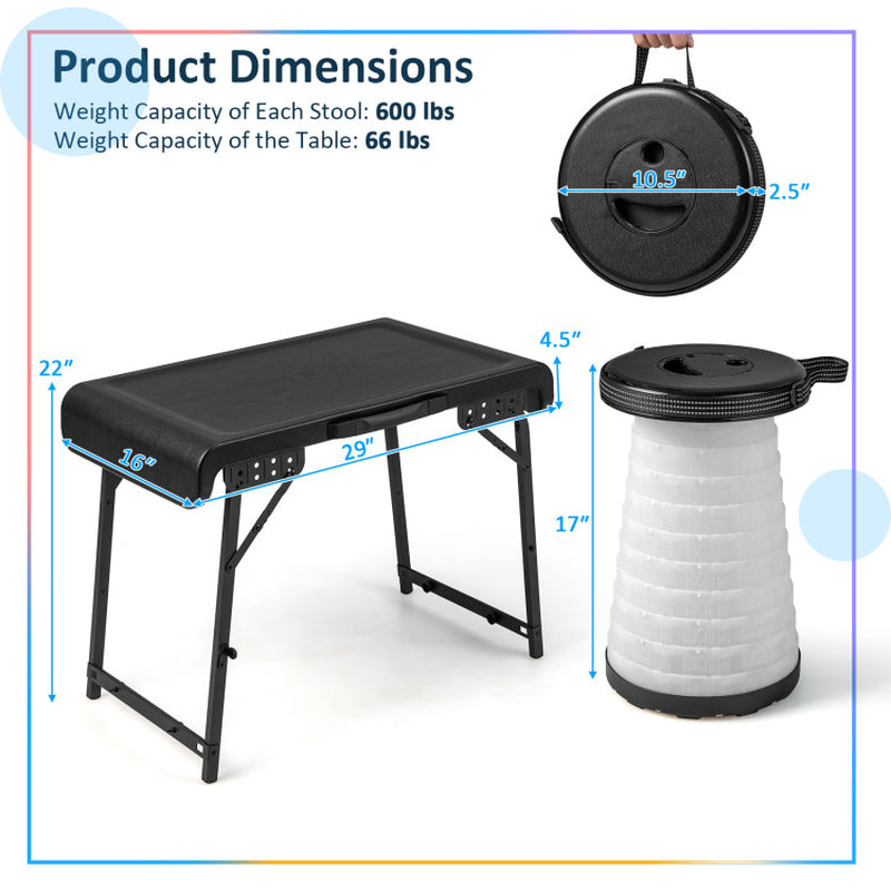 Professional title: "3-Piece Folding Camping Table and Stool Set with 2 Retractable LED Stools in Black Color"