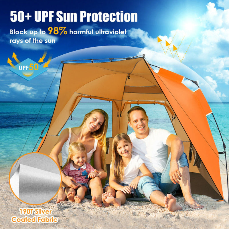 Professional title: "Portable Sun Shelter with UPF 50+ Protection for 3-4 People - Easy Pop Up Beach Tent in Orange"