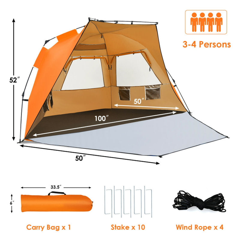 Professional title: "Portable Sun Shelter with UPF 50+ Protection for 3-4 People - Easy Pop Up Beach Tent in Orange"