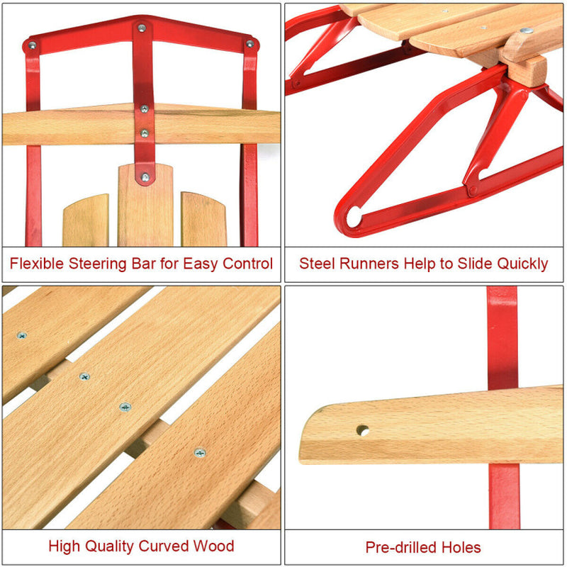 Professional title: "54-Inch Children's Wooden Snow Sled with Metal Runners and Steering Bar"