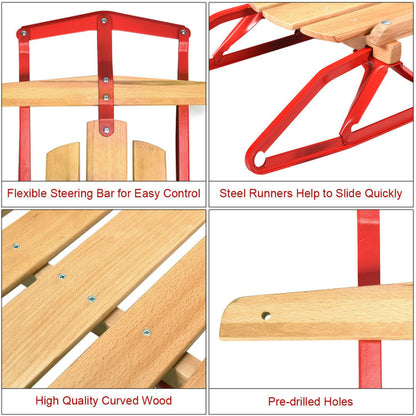 Professional title: "54-Inch Children's Wooden Snow Sled with Metal Runners and Steering Bar"