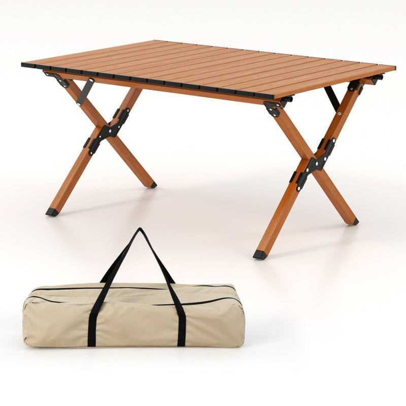 Professional title: "Portable Aluminum Camping Table with Wood Grain Finish"