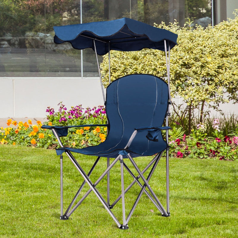 Professional title: ```Blue Portable Folding Beach Chair with Canopy and Cup Holders```