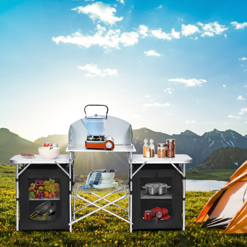 Professional title: ```Gray Folding Camping Table with Integrated Storage Organizer```