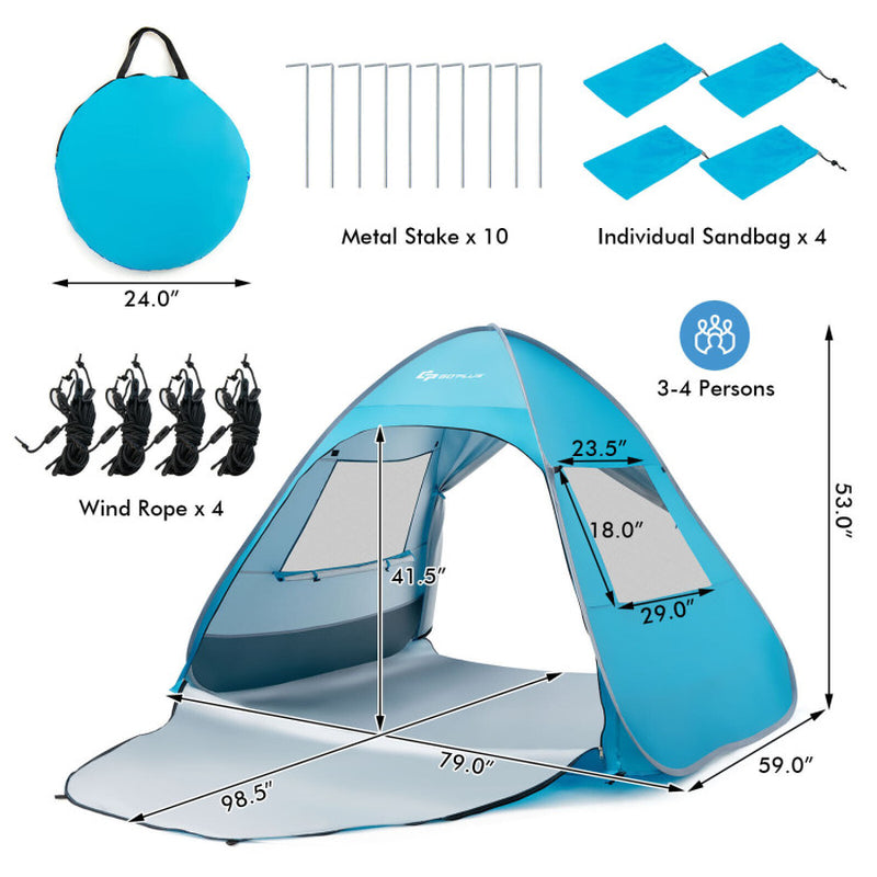 Professional title: "Blue Automatic Pop-Up Beach Tent with Carrying Bag"