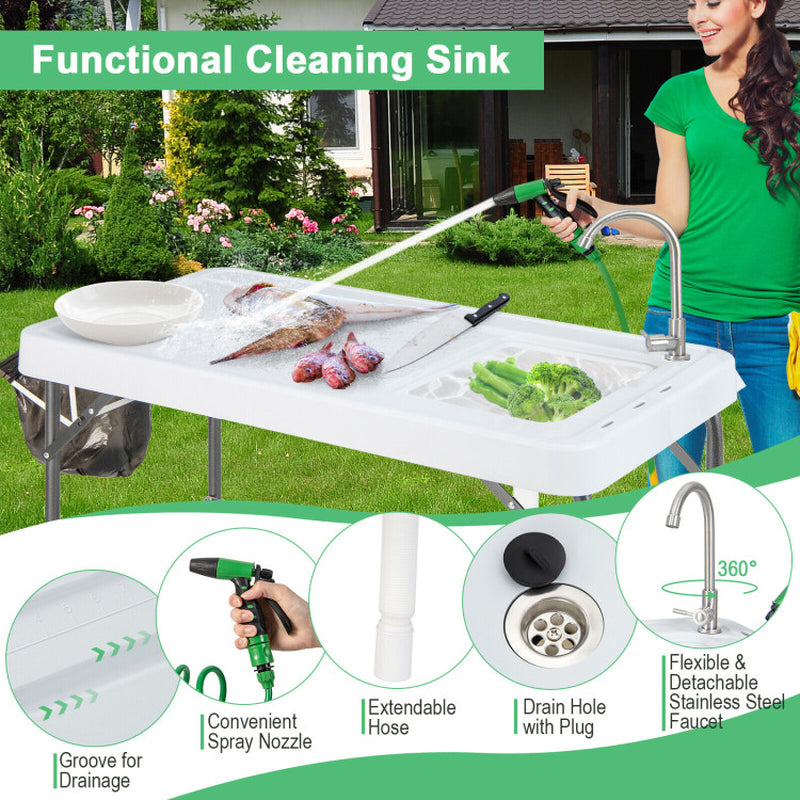 Professional title: "Portable Camping Fish Cleaning Table with Grid Rack and Faucet System"