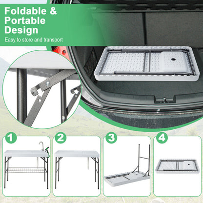 Professional title: "Portable Camping Fish Cleaning Table with Grid Rack and Faucet System"