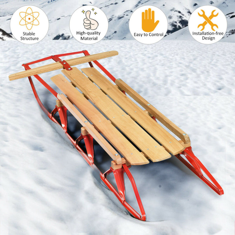 Professional title: "54-Inch Children's Wooden Snow Sled with Metal Runners and Steering Bar"