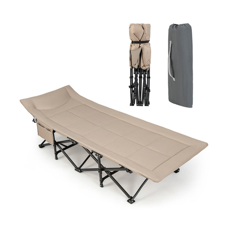 Professional title: "Portable Camping Cot with Carry Bag, Cushion, and Headrest in Gray"