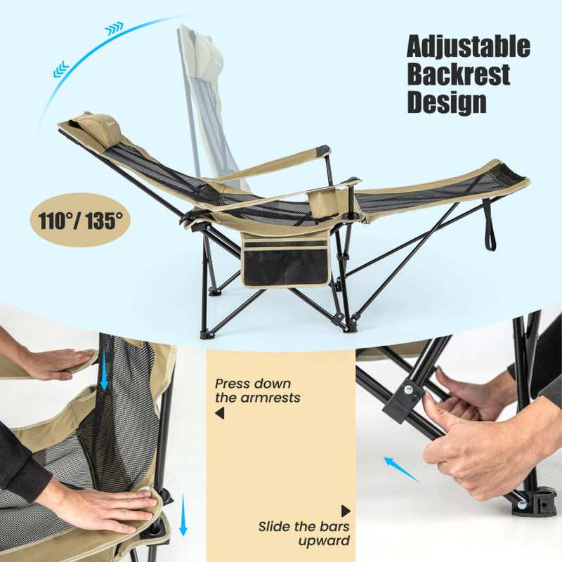 Professional title: "Khaki Camping Lounge Chair with Detachable Footrest and Adjustable Backrest"