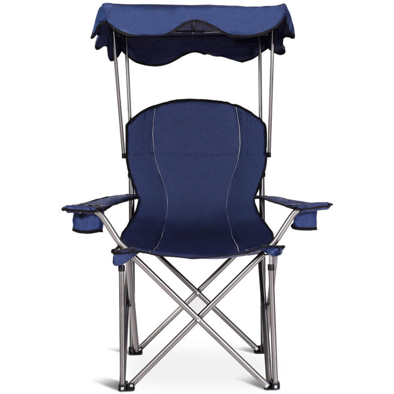 Professional title: ```Blue Portable Folding Beach Chair with Canopy and Cup Holders```