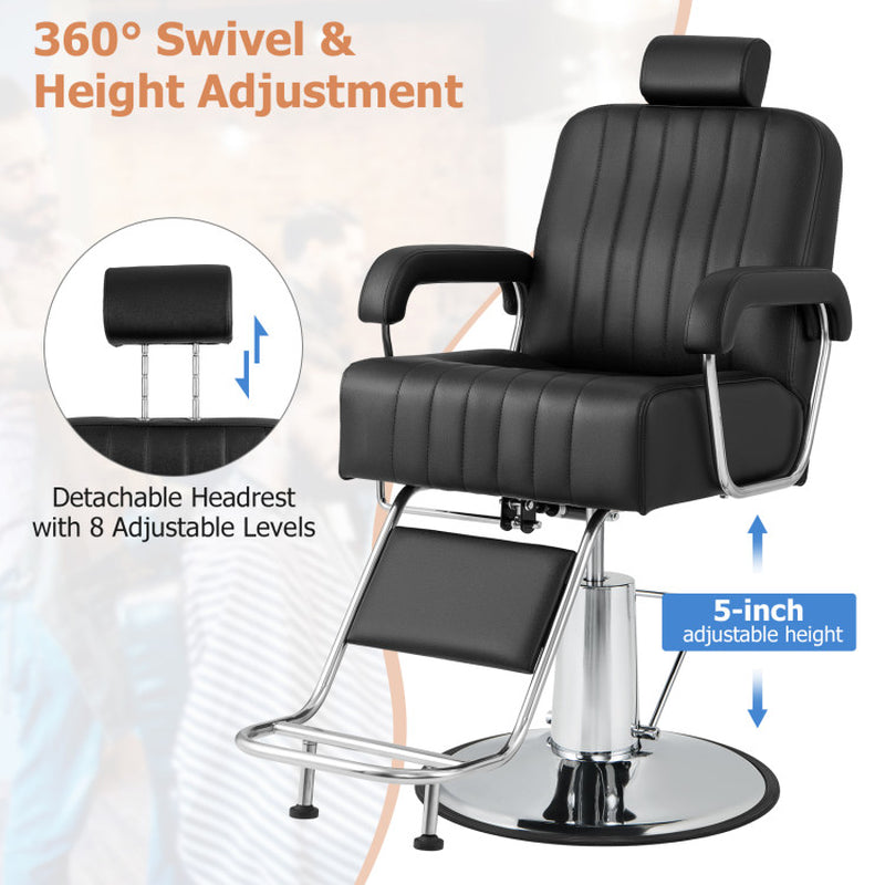 Professional title: "Black Salon Hydraulic Barber Chair with 360-Degree Swivel, Adjustable Headrest, and Reclining Backrest"