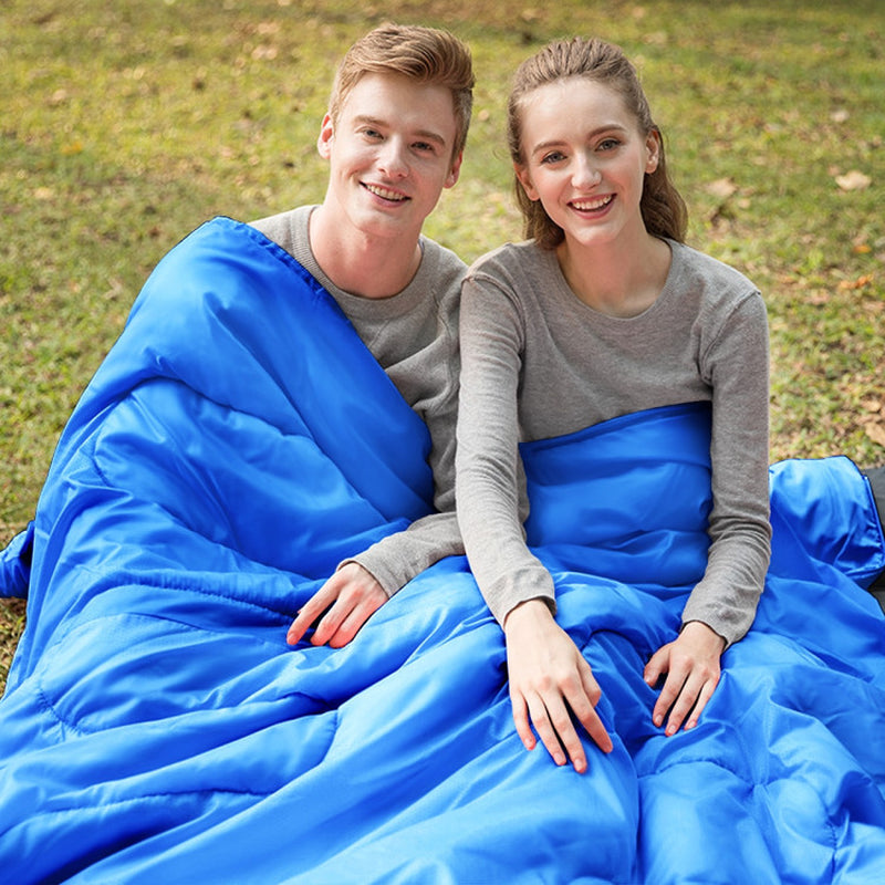 Professional title: "Two-Person Waterproof Sleeping Bag Set with Two Pillows in Blue"