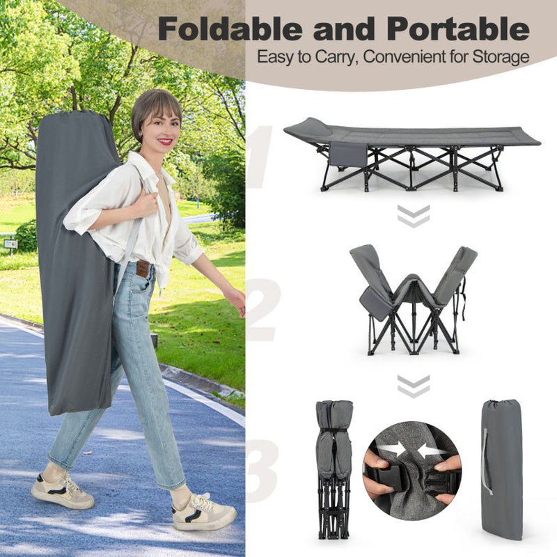 Professional title: "Portable Camping Cot with Carry Bag, Cushion, and Headrest in Gray"