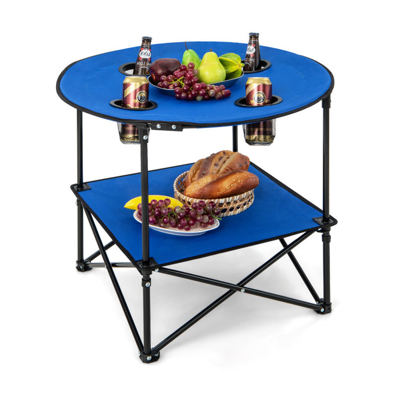 Professional title: "Portable 2-Tier PicNic Table in Blue with Carrying Bag and 4 Cup Holders"