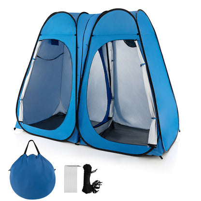 Professional title: ```Large Portable Shower Tent with Window, Floor, and Storage Pocket in Blue```