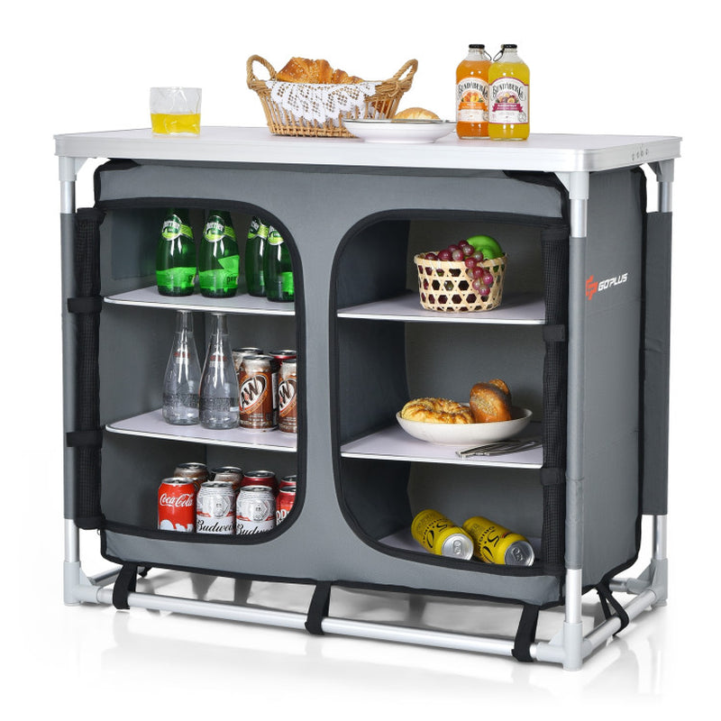 Professional title: ```Gray Portable Camping Kitchen Table with Integrated Storage Shelves```