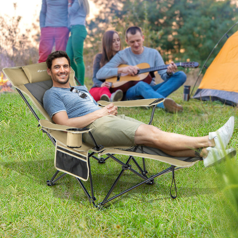 Professional title: "Khaki Camping Lounge Chair with Detachable Footrest and Adjustable Backrest"