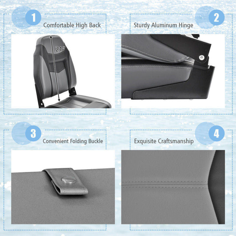 Professional title: "Single High Back Folding Boat Seat with Black Grey Sponge Cushion and Flexible Hinges"