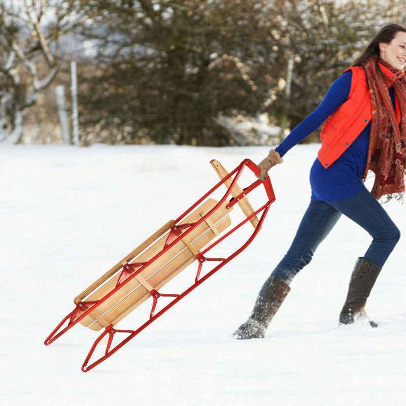 Professional title: "54-Inch Children's Wooden Snow Sled with Metal Runners and Steering Bar"