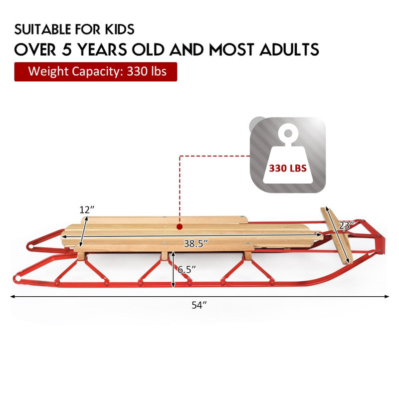 Professional title: "54-Inch Children's Wooden Snow Sled with Metal Runners and Steering Bar"