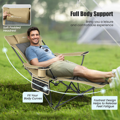 Professional title: "Khaki Camping Lounge Chair with Detachable Footrest and Adjustable Backrest"