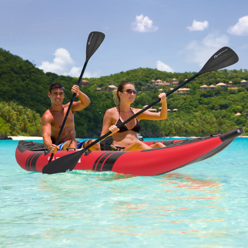 Professional title: "2-Person Inflatable Kayak Set with Aluminum Oars and Repair Kit in Red"