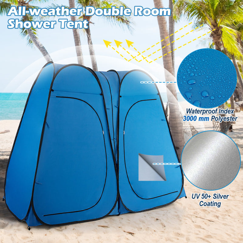 Professional title: ```Large Portable Shower Tent with Window, Floor, and Storage Pocket in Blue```