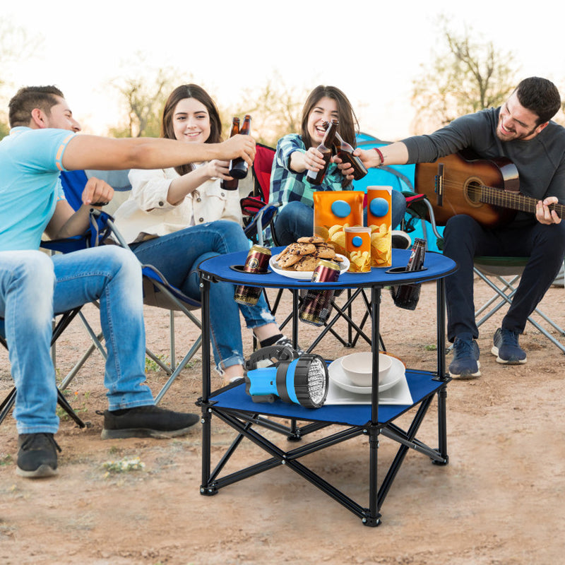 Professional title: "Portable 2-Tier PicNic Table in Blue with Carrying Bag and 4 Cup Holders"