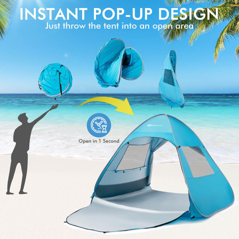 Professional title: "Blue Automatic Pop-Up Beach Tent with Carrying Bag"