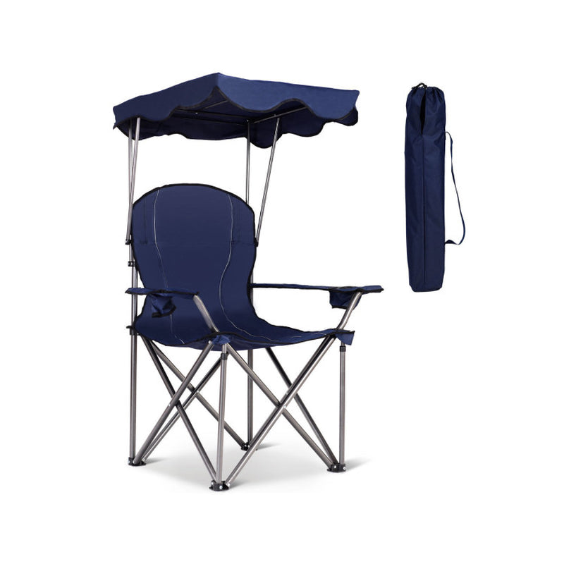 Professional title: ```Blue Portable Folding Beach Chair with Canopy and Cup Holders```