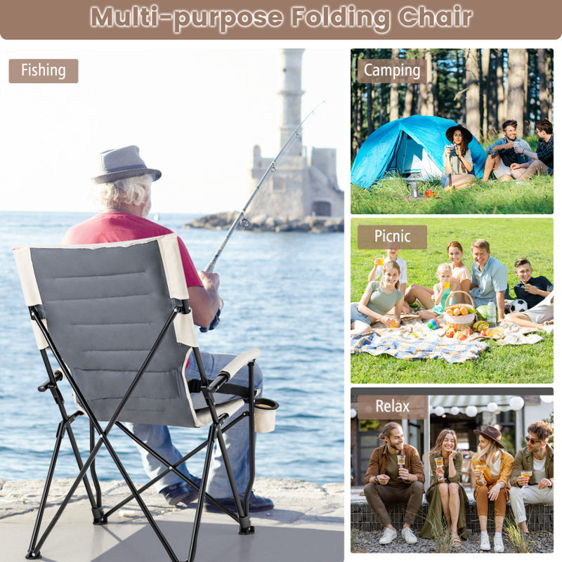 Professional title: ```Portable Camping Chair with Armrest, Cup Holder, and Lumbar Support Pillow```