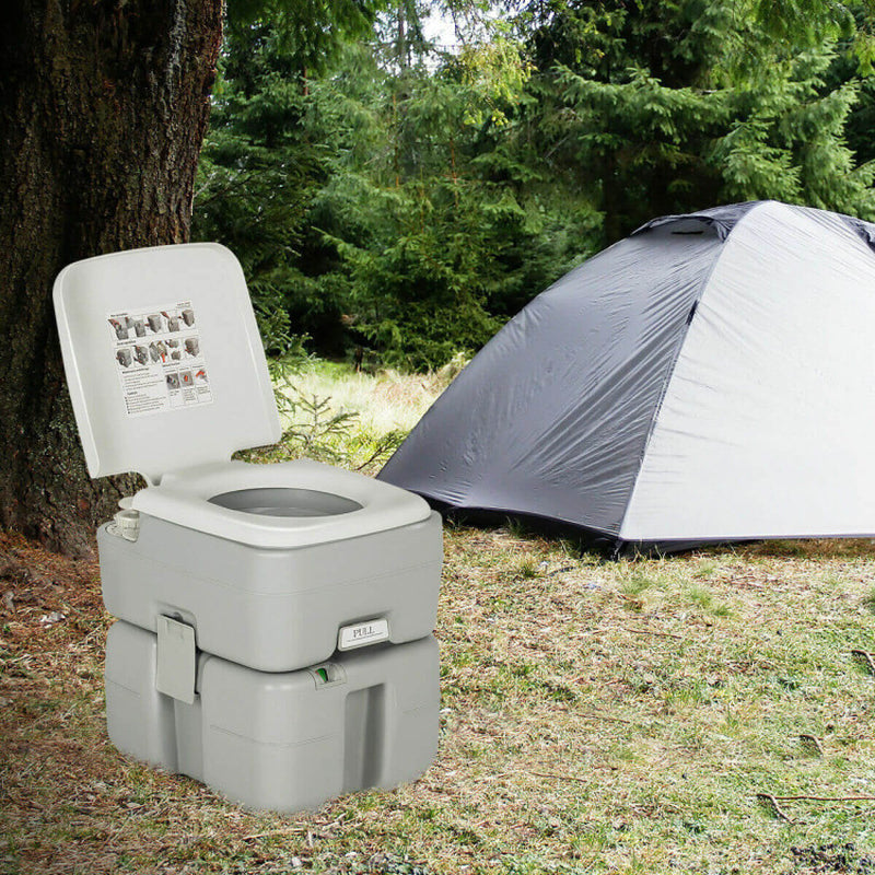 Professional title: "5.3 Gallon Portable Travel Toilet with Piston Pump Flush System"