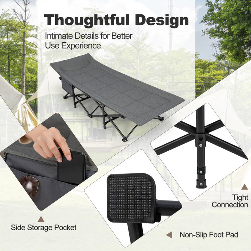 Professional title: "Portable Camping Cot with Carry Bag, Cushion, and Headrest in Gray"